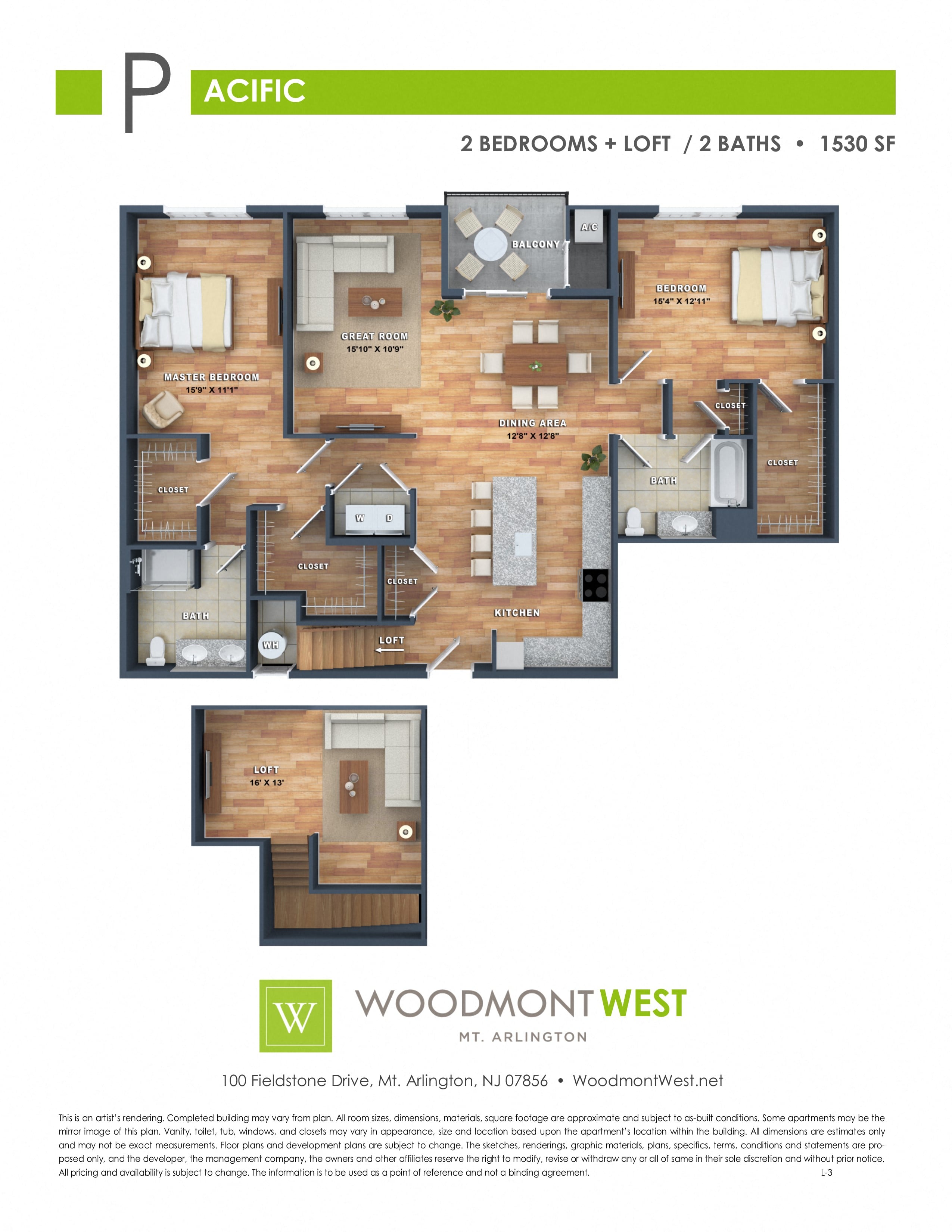 Floor plan for 2 beds, 2 baths, 1530 sqft